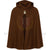 Front view of a brown hooded medieval children’s cloak made from high-quality faux wool polyester fabric. Features a full attached hood, a bell-shaped drape, and a faux pewter brooch closure. Perfect for Renaissance Faires, LARP events, and historical reenactments.