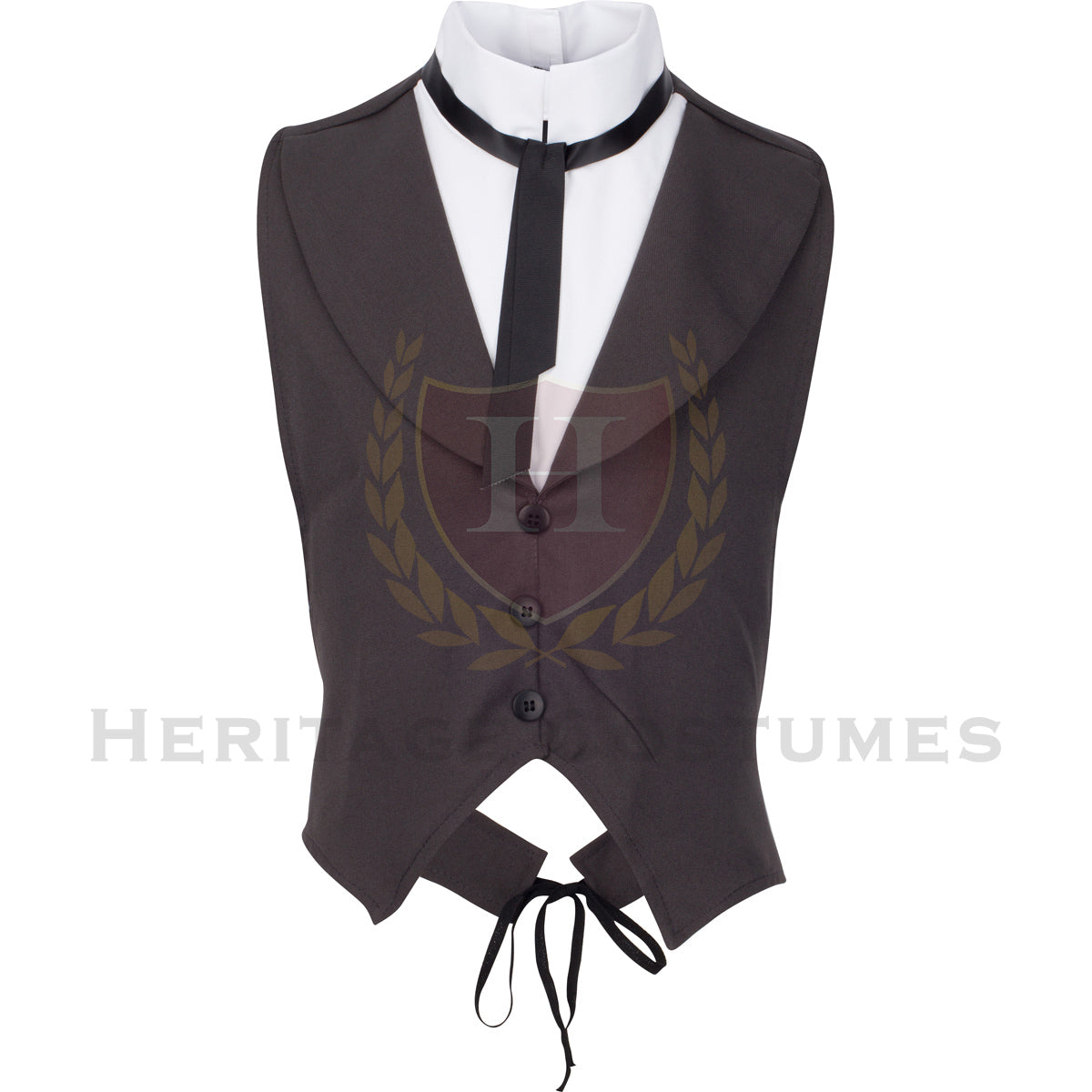 Front view of a charcoal grey backless vest/dickey featuring an attached white shirt collar and black string tie. Designed for historical accuracy with an adjustable back tie for a secure fit. Perfect for 19th-century reenactments, Abraham Lincoln costumes, and formal period attire.