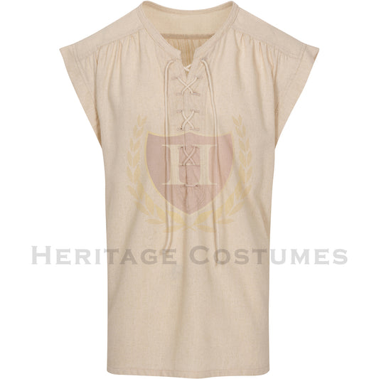 Front view of a natural-colored Scallywag Pirate Shirt, designed with a lace-up front and sleeveless cut for a rugged Viking barbarian or pirate look. Made from a breathable poly-linen blend, perfect for Renaissance Faires, pirate festivals, LARP, and historical reenactments.