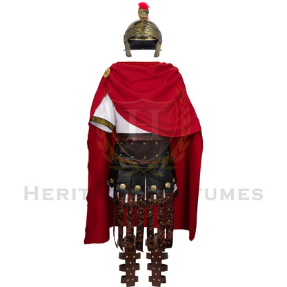 Front view of the Roman Legionary Costume, featuring a traditional tunic, battle cloak, lion-faced helmet, gladius sword, and warrior armor, perfect for historical reenactments, cosplay, and theatrical performances.