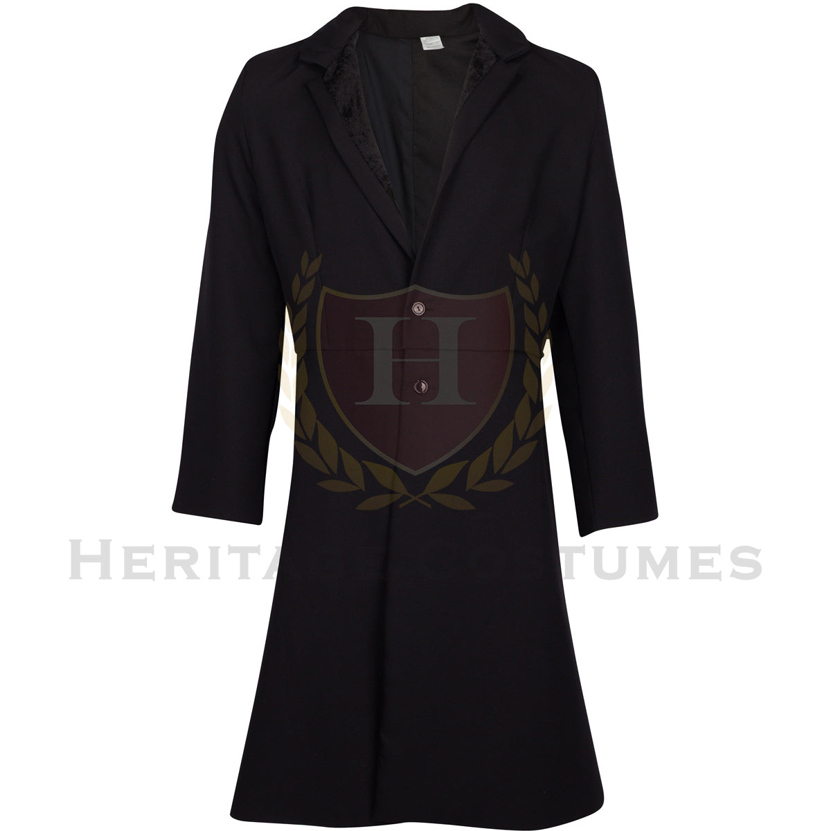 Front view of a black Victorian frock coat featuring a luxurious velvet collar, long tailored design, and period-accurate detailing. Made from polyester gabardine with a poly/cotton lining for durability and comfort. Perfect for historical reenactments, theatrical performances, and 19th-century-inspired costumes.