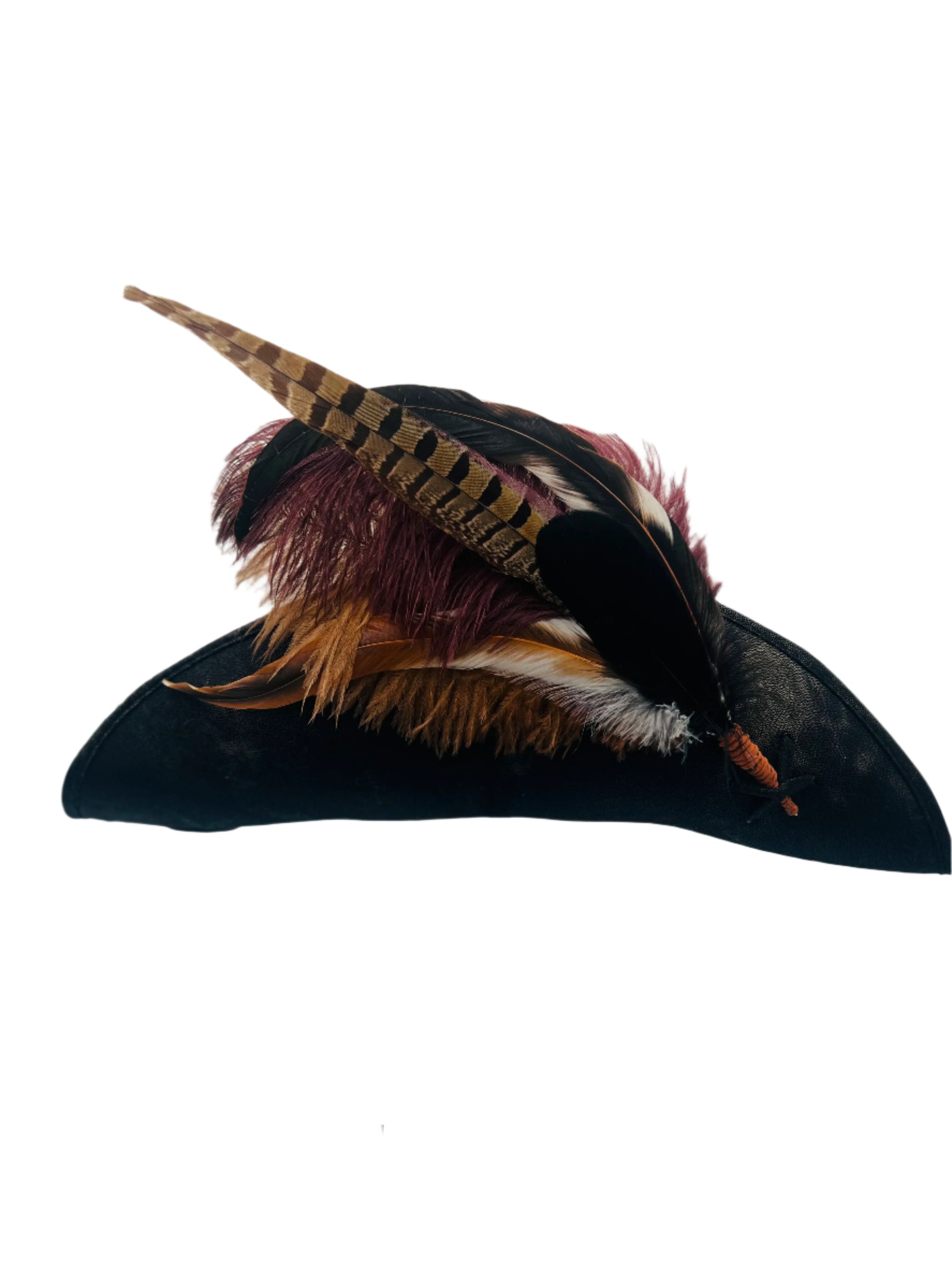 Front view of a flat-front pirate hat made from weathered faux leather, featuring a classic tricorn shape and detailed stitching. Ideal for pirate costumes, cosplay, and themed events.