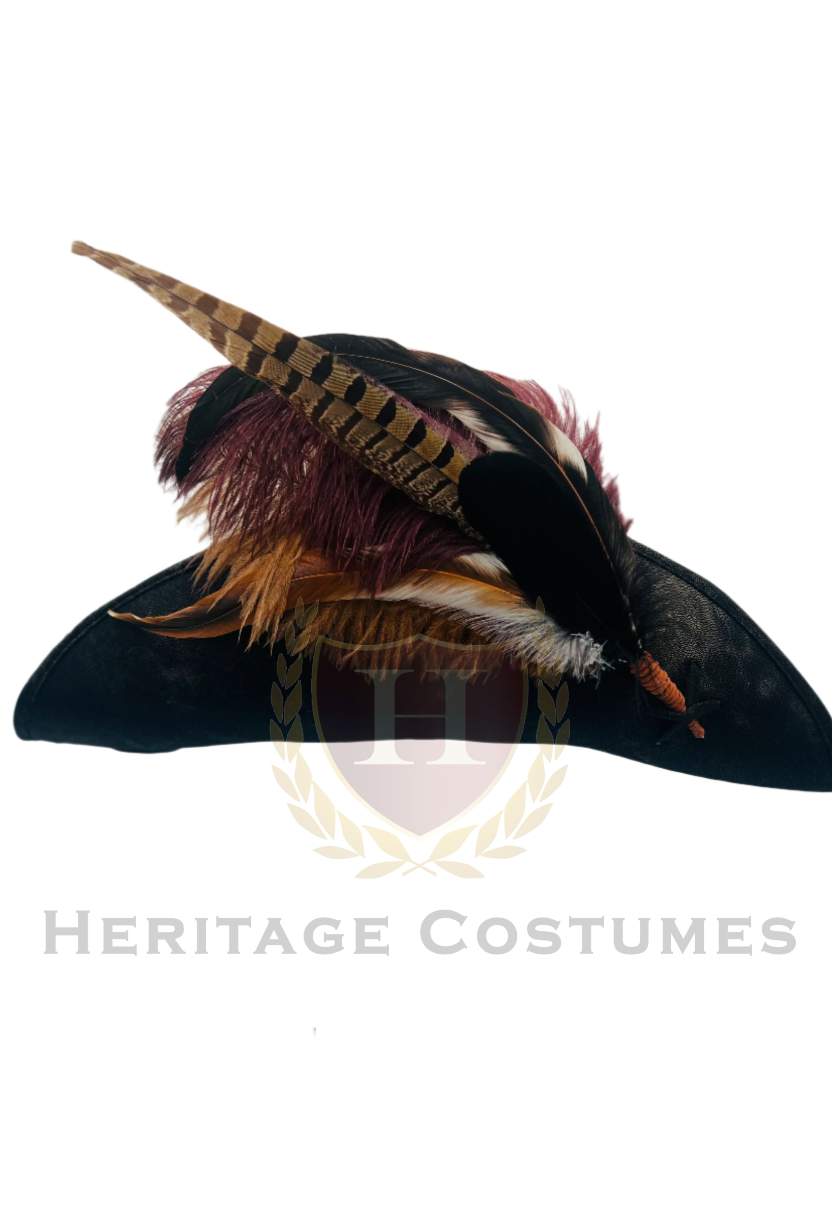 Front view of a flat-front pirate hat made from weathered faux leather, featuring a classic tricorn shape and detailed stitching. Ideal for pirate costumes, cosplay, and themed events.