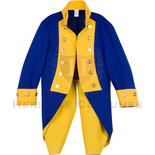 Front view of the General Rochambeau Uniform Jacket, featuring a historically inspired design with detailed gold trim, navy blue fabric, and authentic 18th-century French military styling.