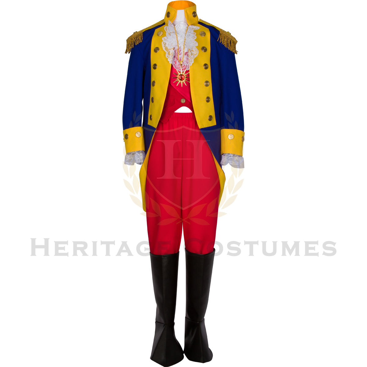 General Rochambeau Revolutionary War Officer's Uniform featuring a royal blue jacket with yellow lapels, gold trim, and period-accurate details inspired by 18th-century French military attire.