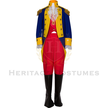 General Rochambeau Revolutionary War Officer's Uniform featuring a royal blue jacket with yellow lapels, gold trim, and period-accurate details inspired by 18th-century French military attire.