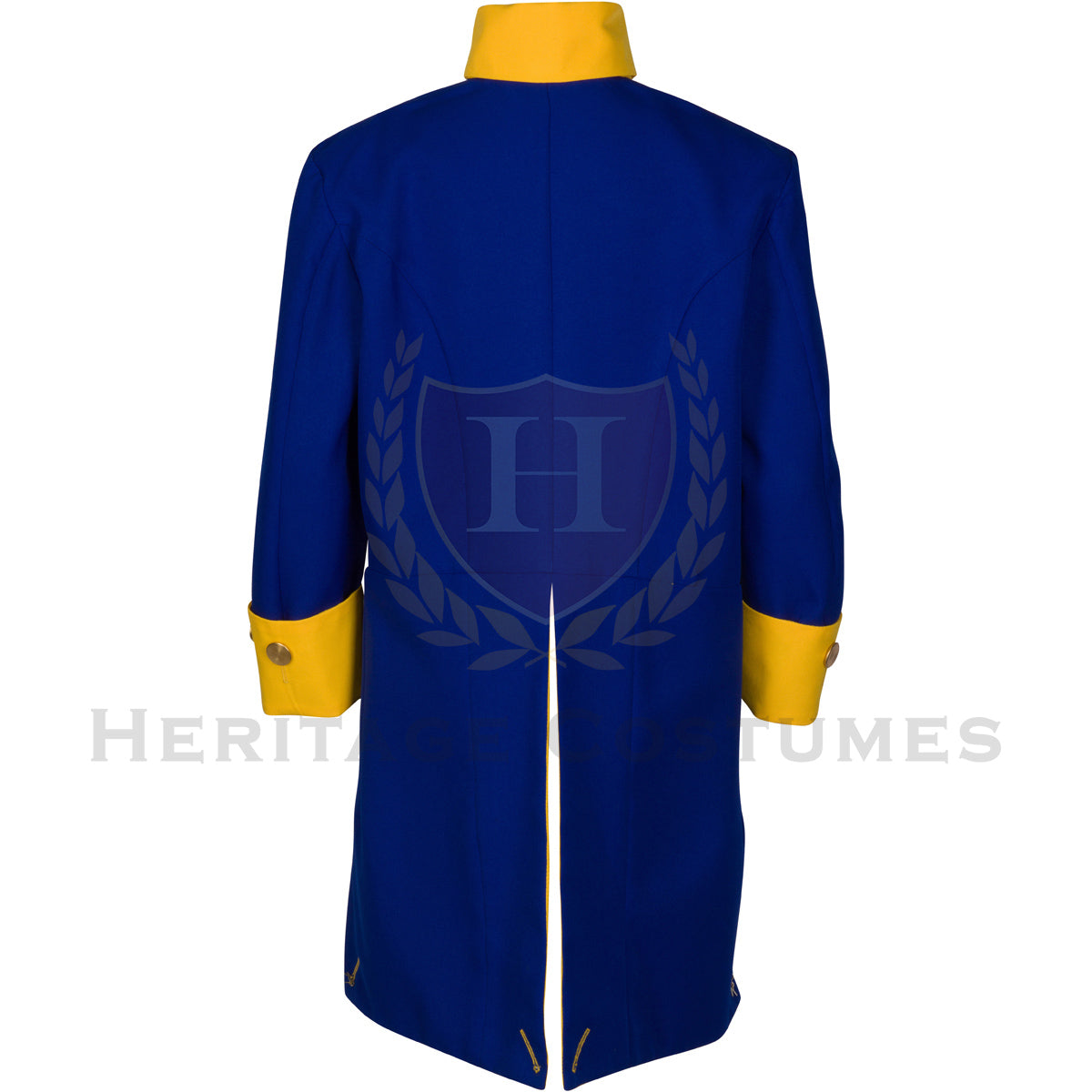 Back tail view of the General Rochambeau Uniform Jacket, featuring the elegant royal blue fabric, gold-trimmed tails, and historically inspired 18th-century French military design.