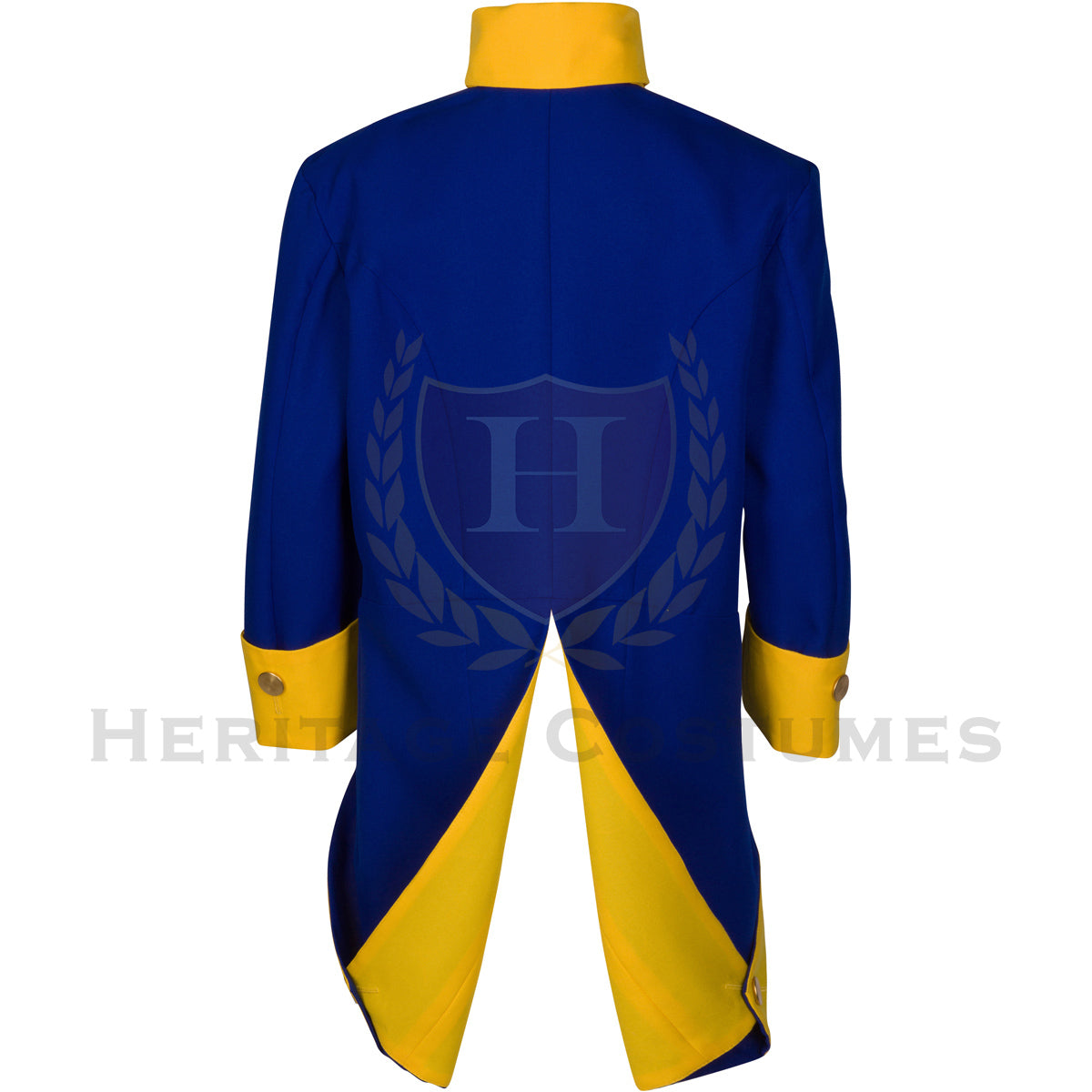 Back view of the General Rochambeau Uniform Jacket showcasing the flowing royal blue fabric, gold trim, and tailored design inspired by 18th-century French military uniforms.