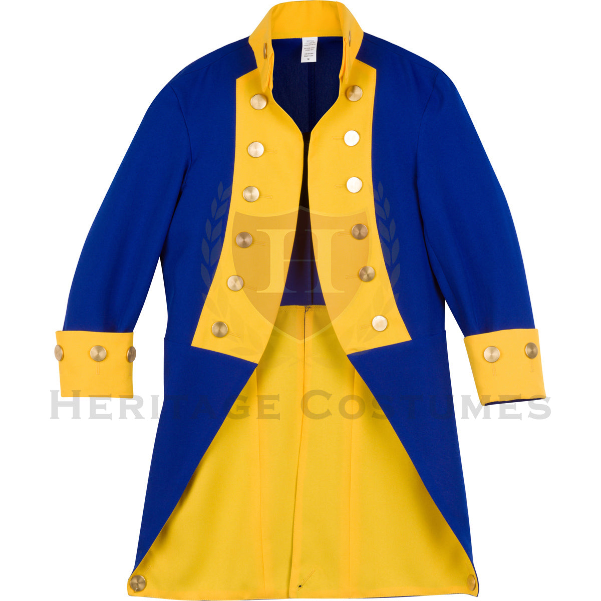 Front tail view of the General Rochambeau Uniform Jacket highlighting the royal blue fabric, detailed yellow lapels, and gold-trimmed tails, designed with historical accuracy inspired by 18th-century French military uniforms.