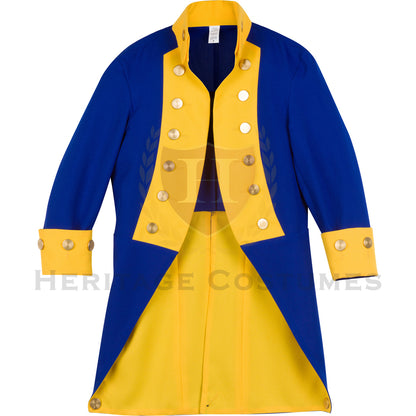 Front tail view of the General Rochambeau Uniform Jacket highlighting the royal blue fabric, detailed yellow lapels, and gold-trimmed tails, designed with historical accuracy inspired by 18th-century French military uniforms.