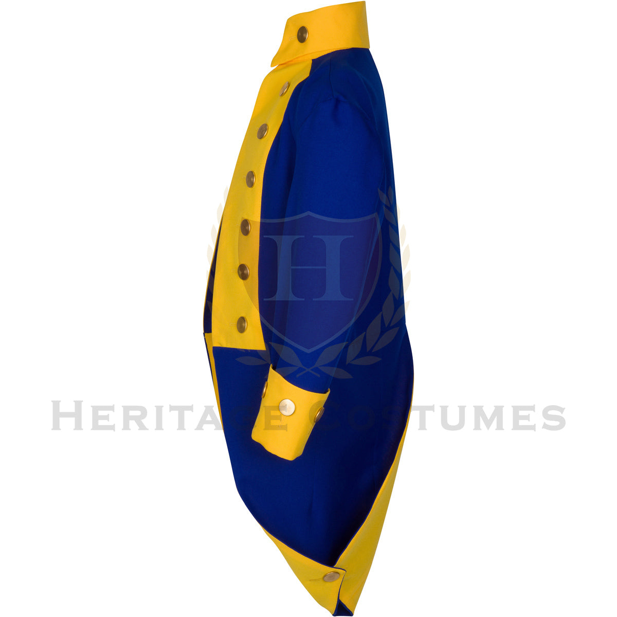Side view of the General Rochambeau Uniform Jacket highlighting the flowing royal blue fabric, gold-trimmed tails, and precise tailoring inspired by 18th-century French military uniforms.