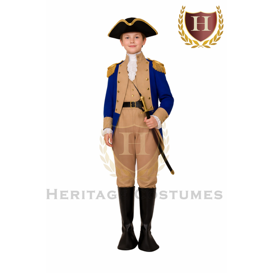 Model wearing a George Washington colonial officer’s uniform, American Revolutionary War military attire.