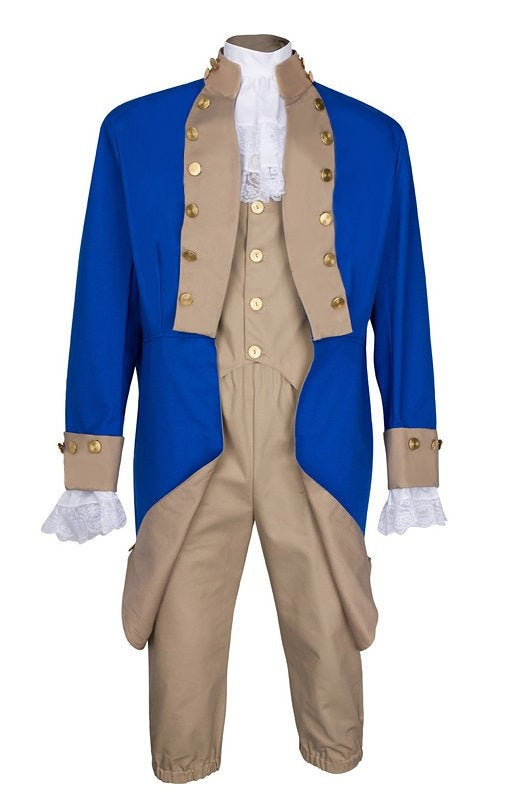 George Washington Military Uniform featuring a White Tiered Jabot, showcasing an 18th-century Revolutionary War design, perfect for historical reenactments, theatrical performances, and patriotic events.