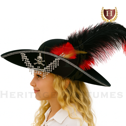 Girls Swashbuckler Pirate Hat with Feathers & Skull Charm