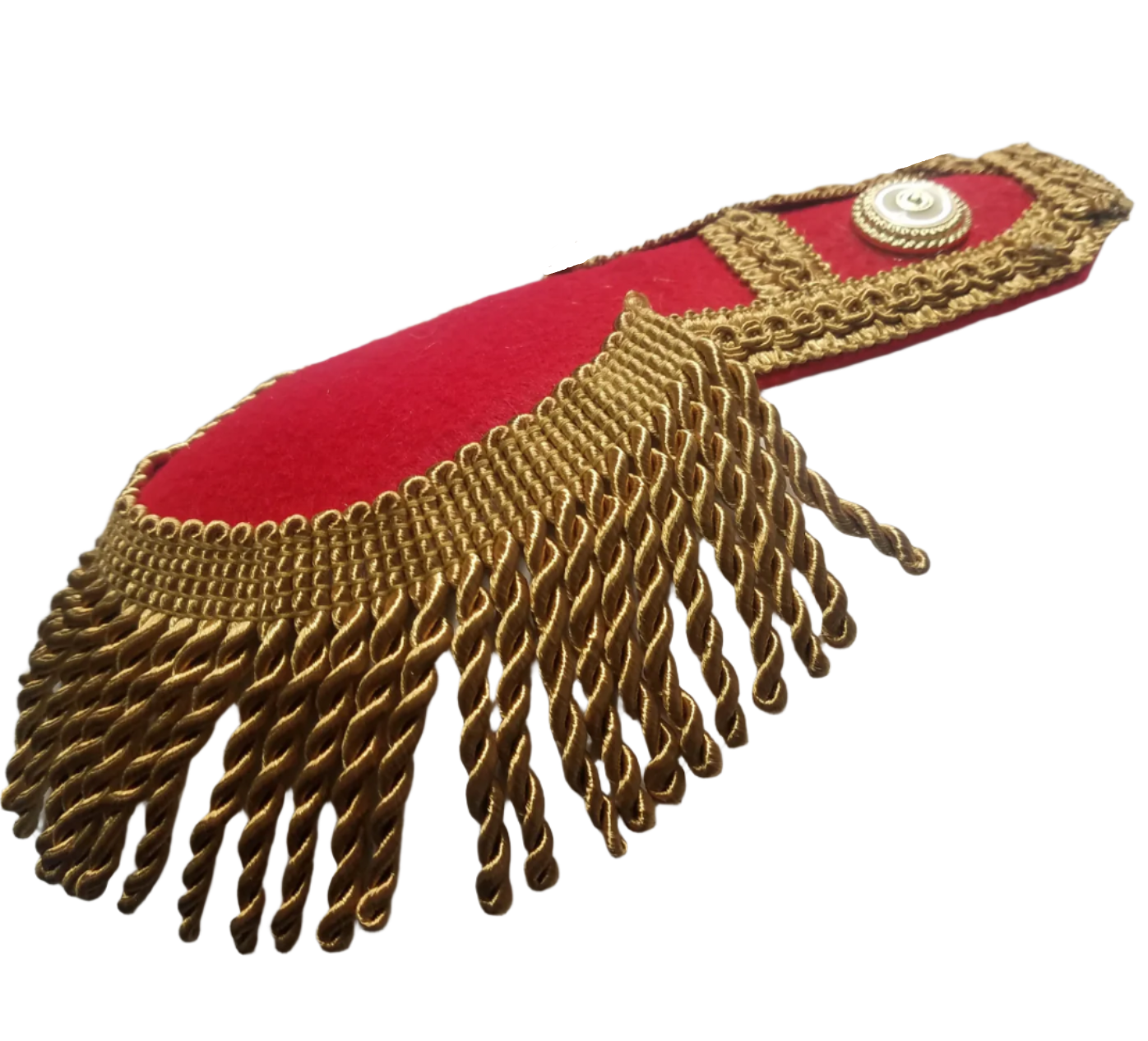 Red historical military epaulettes with gold trim featuring an intricate design and secure pin attachments, perfect for enhancing historical military uniforms and costumes.