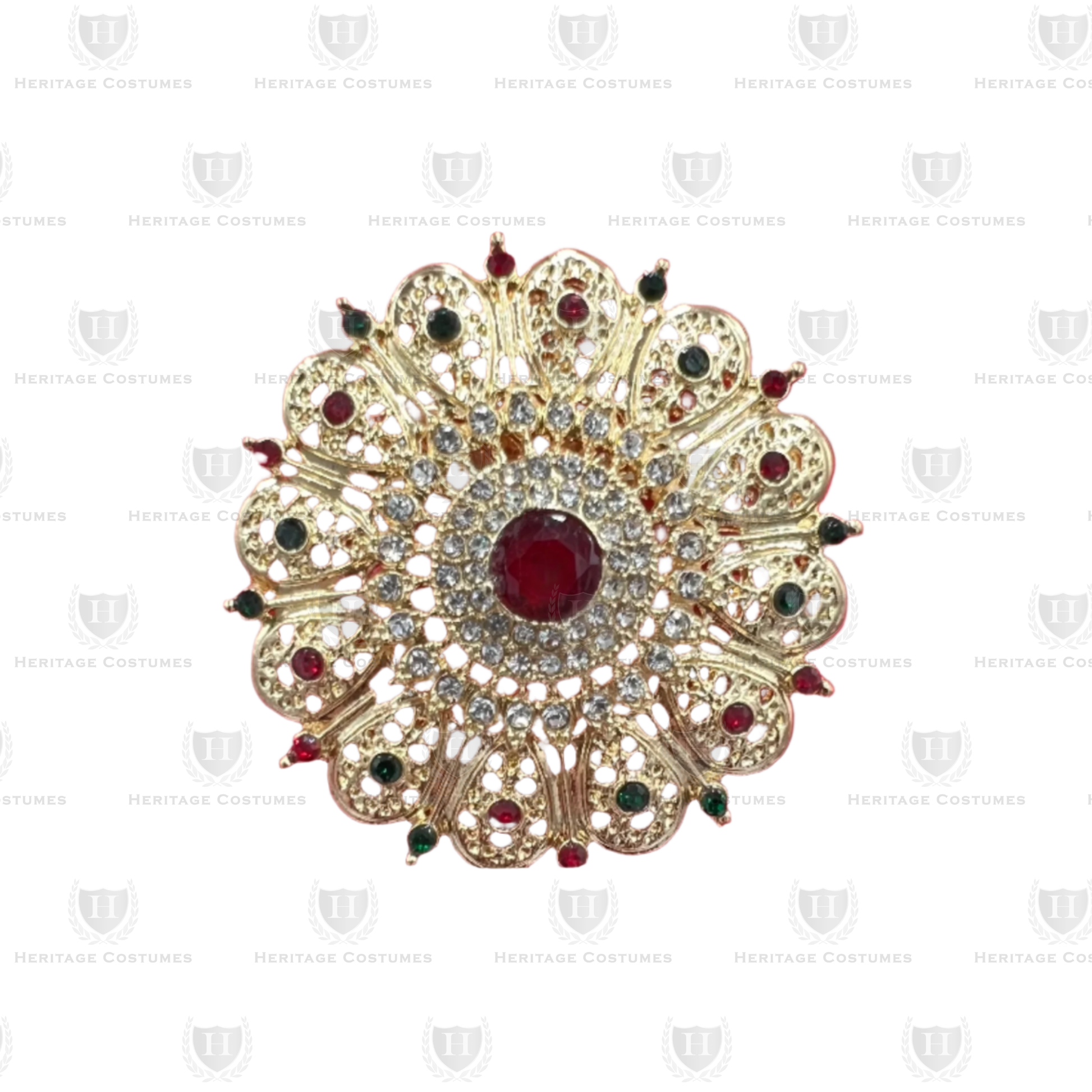 Gold jeweled biblical brooch with vibrant gem accents, perfect for religious costumes and nativity-themed ensembles.