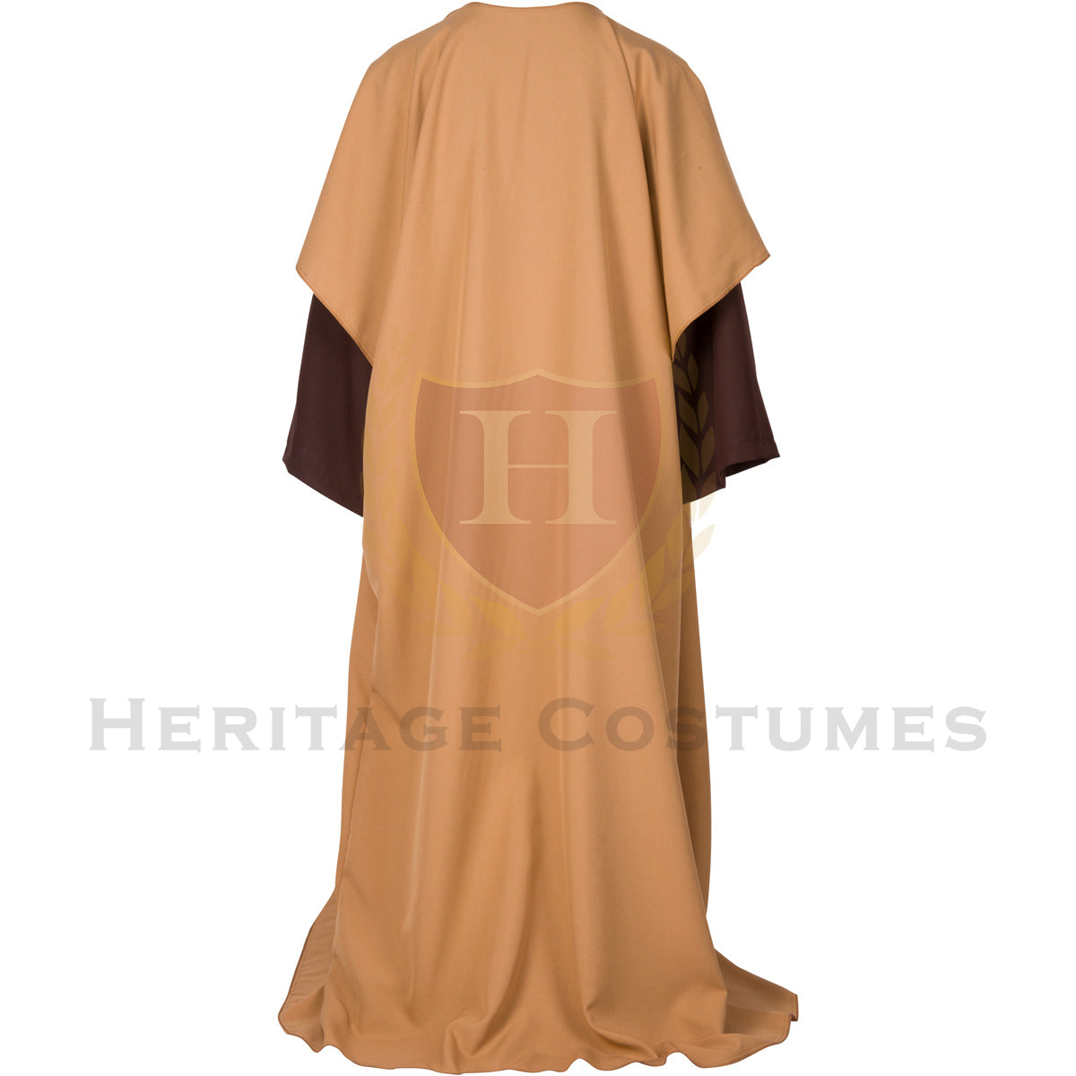 Back view of the Adult Shepherd Robe Costume, showcasing the flowing gold-tone over-robe, brown undergarment, and adjustable rope belt, designed for nativity plays and biblical reenactments.