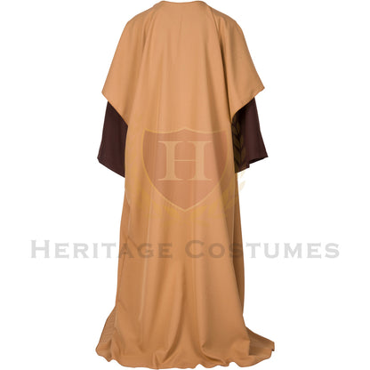 Back view of the Adult Shepherd Robe Costume, showcasing the flowing gold-tone over-robe, brown undergarment, and adjustable rope belt, designed for nativity plays and biblical reenactments.