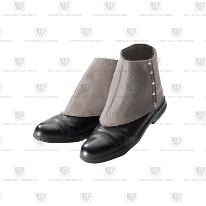 Grey felt spats featuring a velcro closure, designed to replicate classic 19th-century footwear accessories. Adds a vintage and sophisticated touch to Victorian-era costumes, including Andrew Jackson and historical reenactment outfits. Perfect for theater, cosplay, and formal period attire.