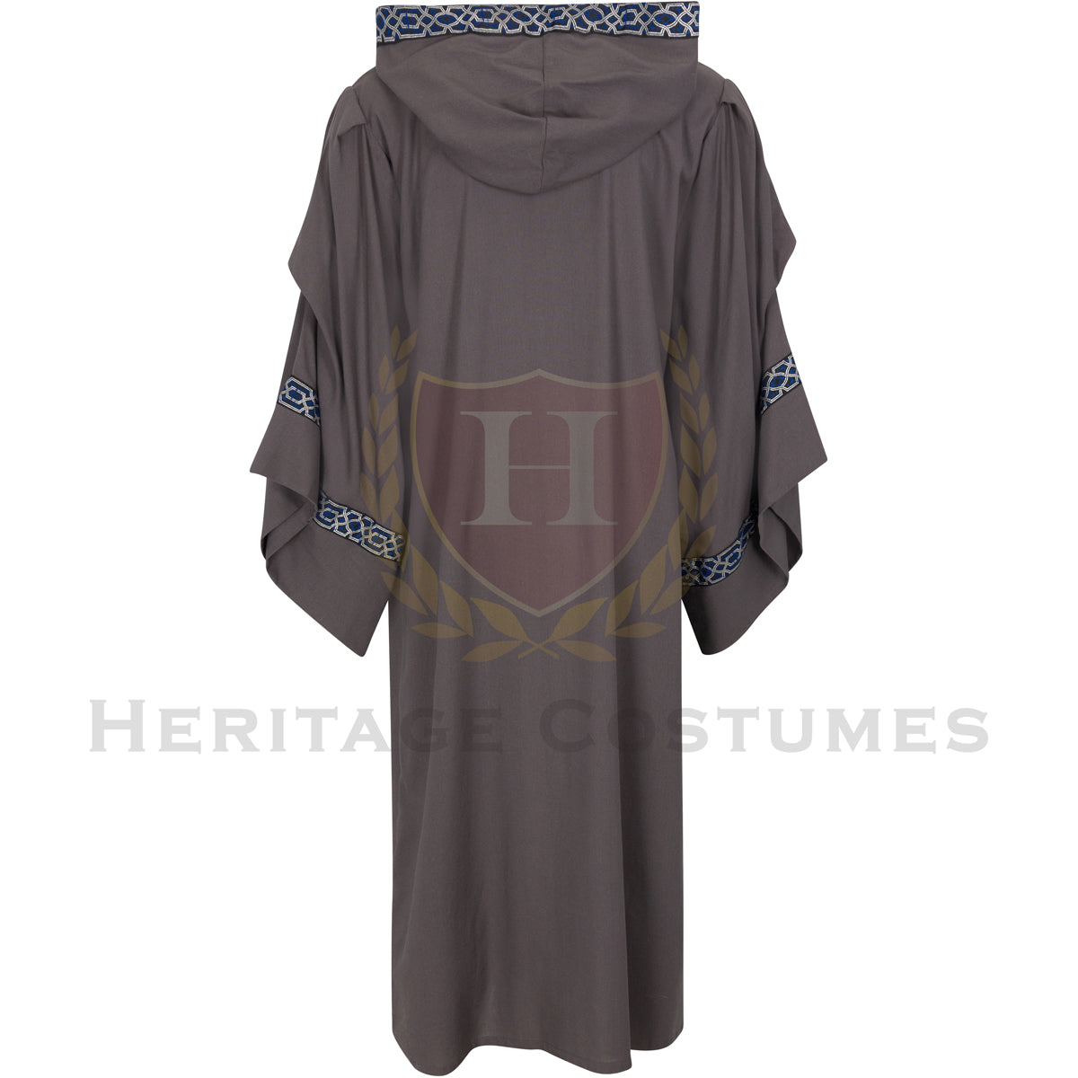 This is a back view of the grey adult Celtic hooded robe with the hood down. It features flowing sleeves and a dramatic medieval-inspired design. It is perfect for Renaissance fairs, fantasy cosplay, theatrical performances, and historical reenactments.