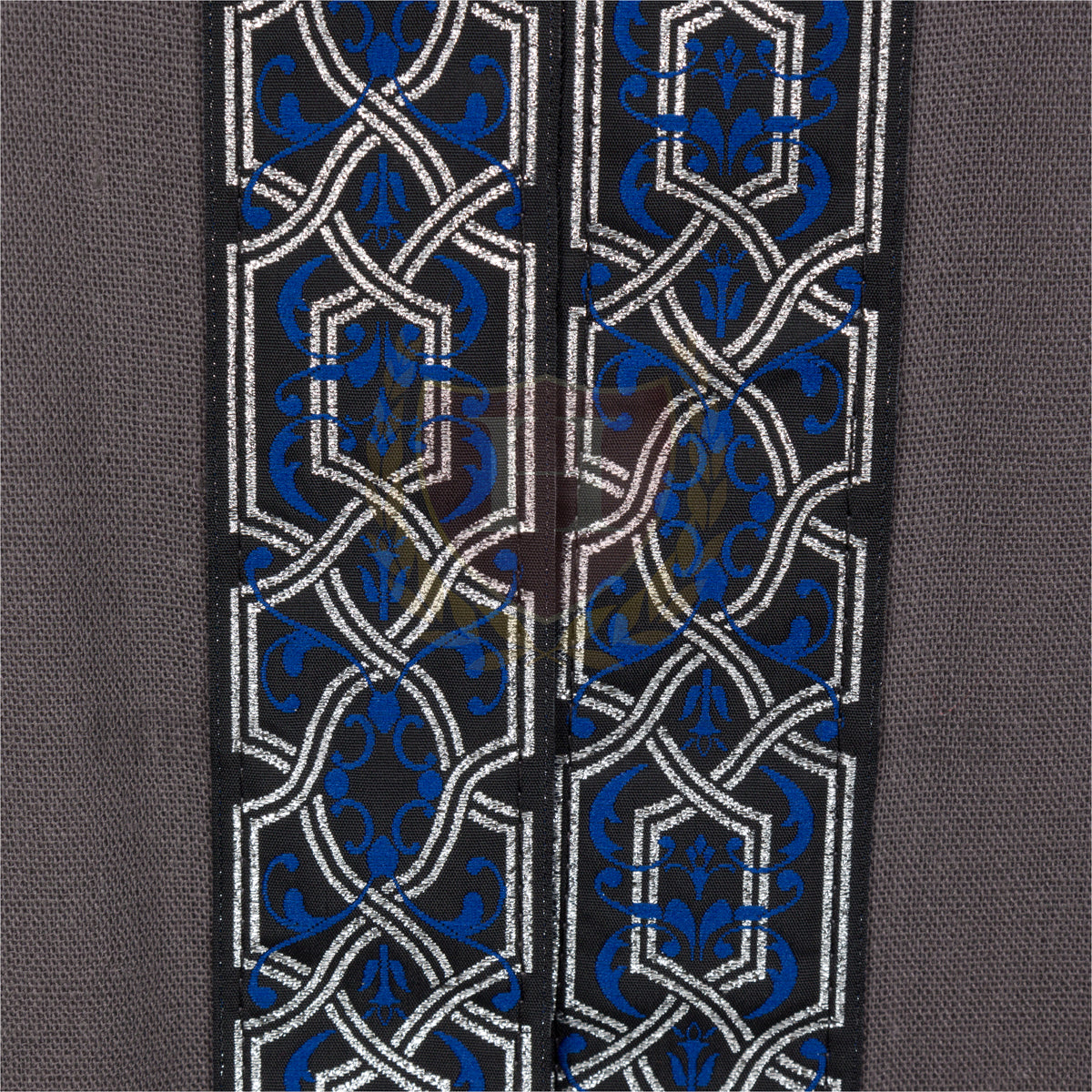 Close-up view of the decorative trim on the grey adult Celtic hooded robe, highlighting the intricate pattern and craftsmanship. Perfect for adding authenticity to medieval, fantasy, or Renaissance-themed costumes.