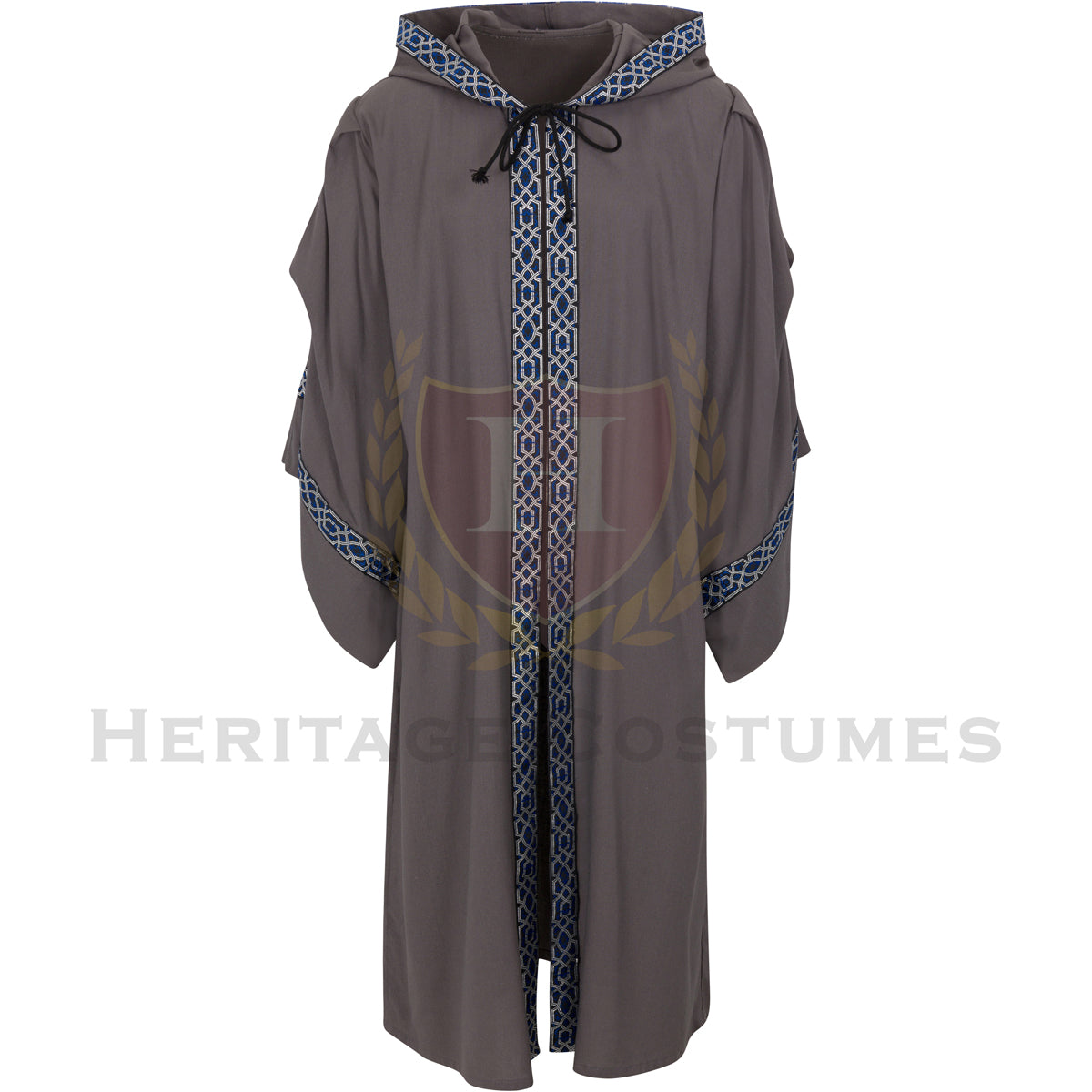 This front view of the grey adult Celtic hooded robe showcases its long, flowing silhouette, wide sleeves, and deep hood. It is ideal for medieval reenactments, fantasy cosplay, and Renaissance fair costumes.