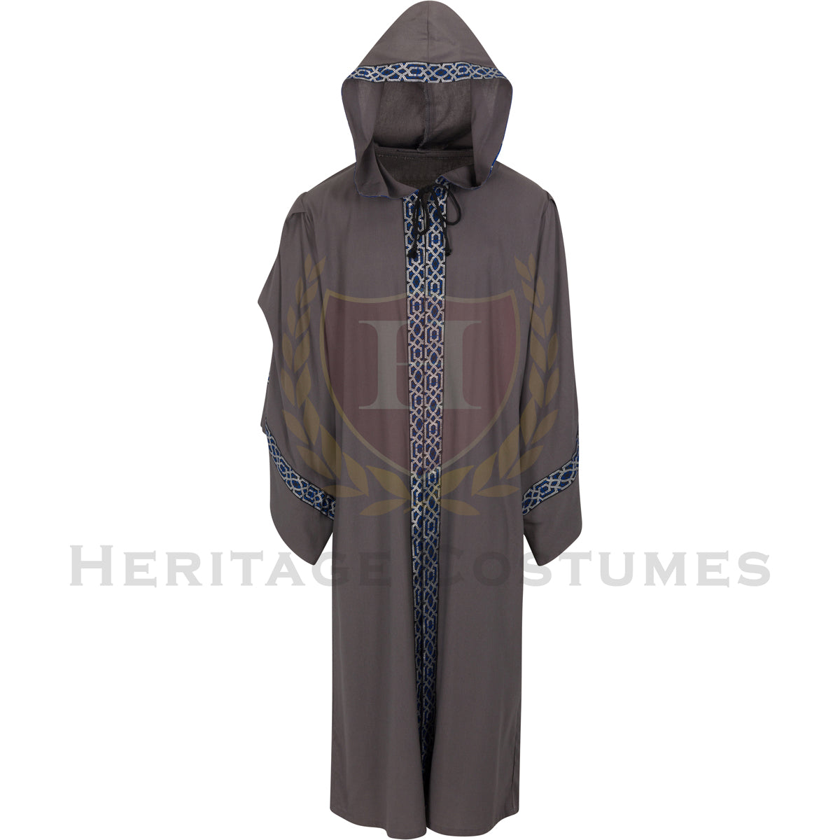 This is a front view of the grey adult Celtic hooded robe with the hood up. It features flowing sleeves and a dramatic medieval-inspired design. It is perfect for Renaissance fairs, fantasy cosplay, theatrical performances, and historical reenactments.