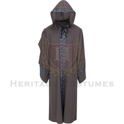 This is a front view of the grey adult Celtic hooded robe with the hood up. It features flowing sleeves and a dramatic medieval-inspired design. It is perfect for Renaissance fairs, fantasy cosplay, theatrical performances, and historical reenactments.