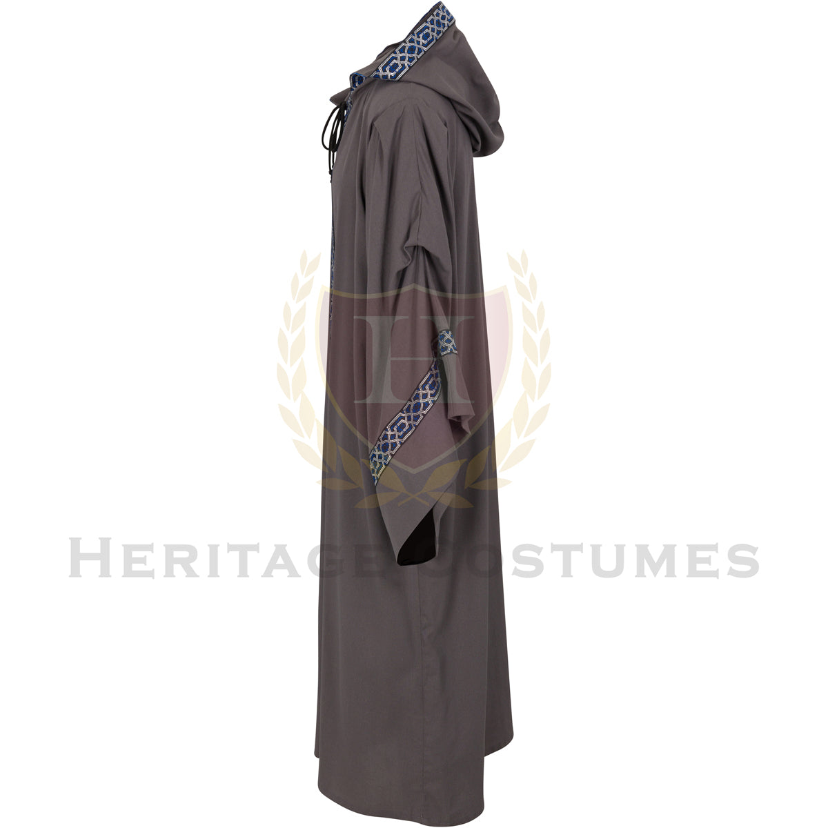 This is a side view of the grey adult Celtic hooded robe with the hood down. It features flowing sleeves and a dramatic medieval-inspired design. It is perfect for Renaissance fairs, fantasy cosplay, theatrical performances, and historical reenactments.