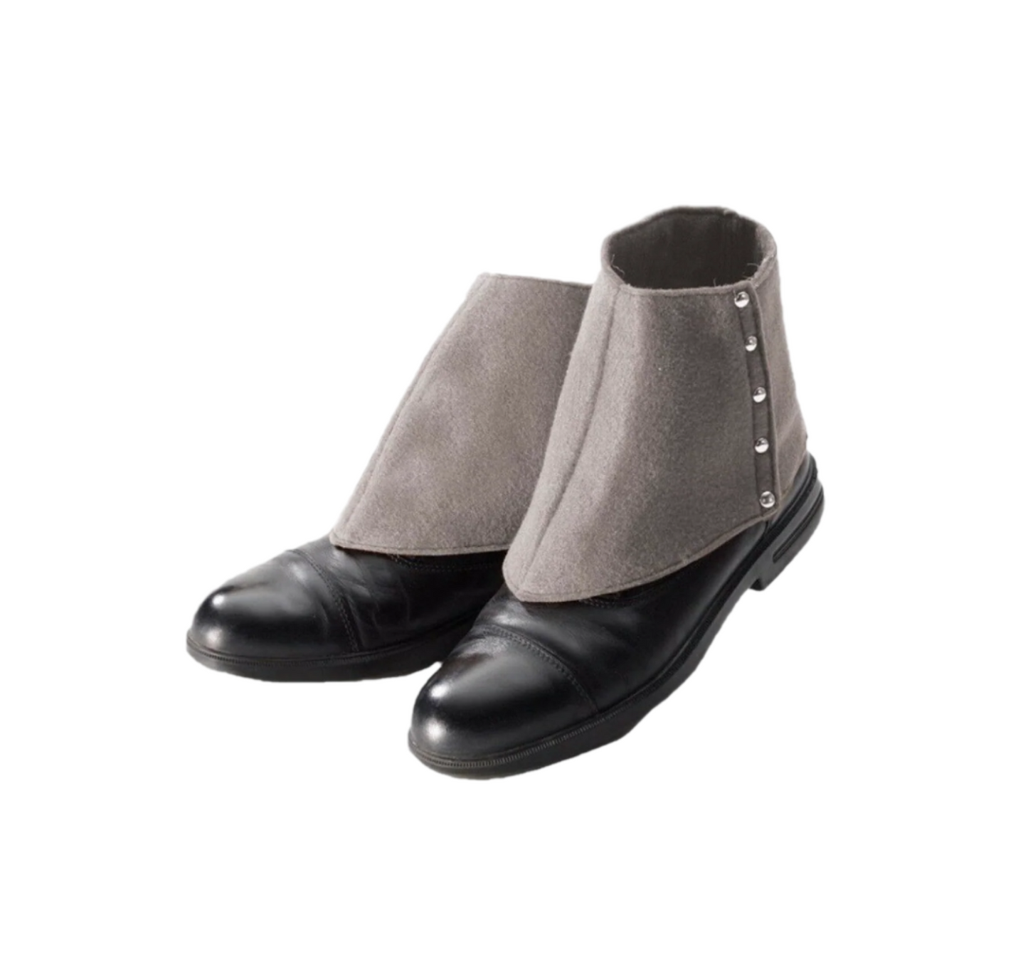 Grey felt spats featuring a velcro closure, designed to replicate classic 19th-century footwear accessories. Adds a vintage and sophisticated touch to Victorian-era costumes, including Andrew Jackson and historical reenactment outfits. Perfect for theater, cosplay, and formal period attire.