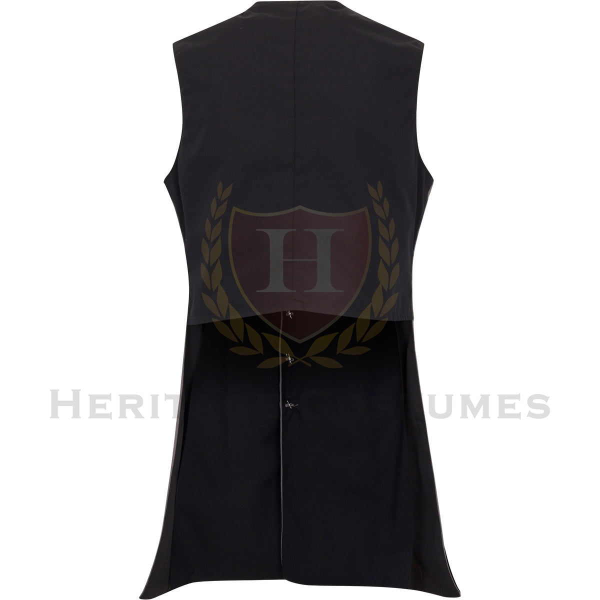 Back view of the Grey High Seas Pirate Waistcoat, a historically inspired mariner's vest featuring a grey linen blend fabric, ornate detachable buttons, and a classic 17th- and 18th-century pirate design, perfect for reenactments, cosplay, and pirate festivals.