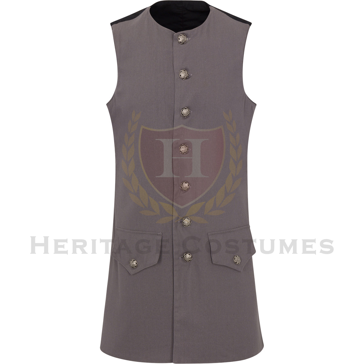 Front view of the Grey High Seas Pirate Waistcoat, a historically inspired mariner's vest featuring a grey linen blend fabric, ornate detachable buttons, and a classic 17th- and 18th-century pirate design, perfect for reenactments, cosplay, and pirate festivals.