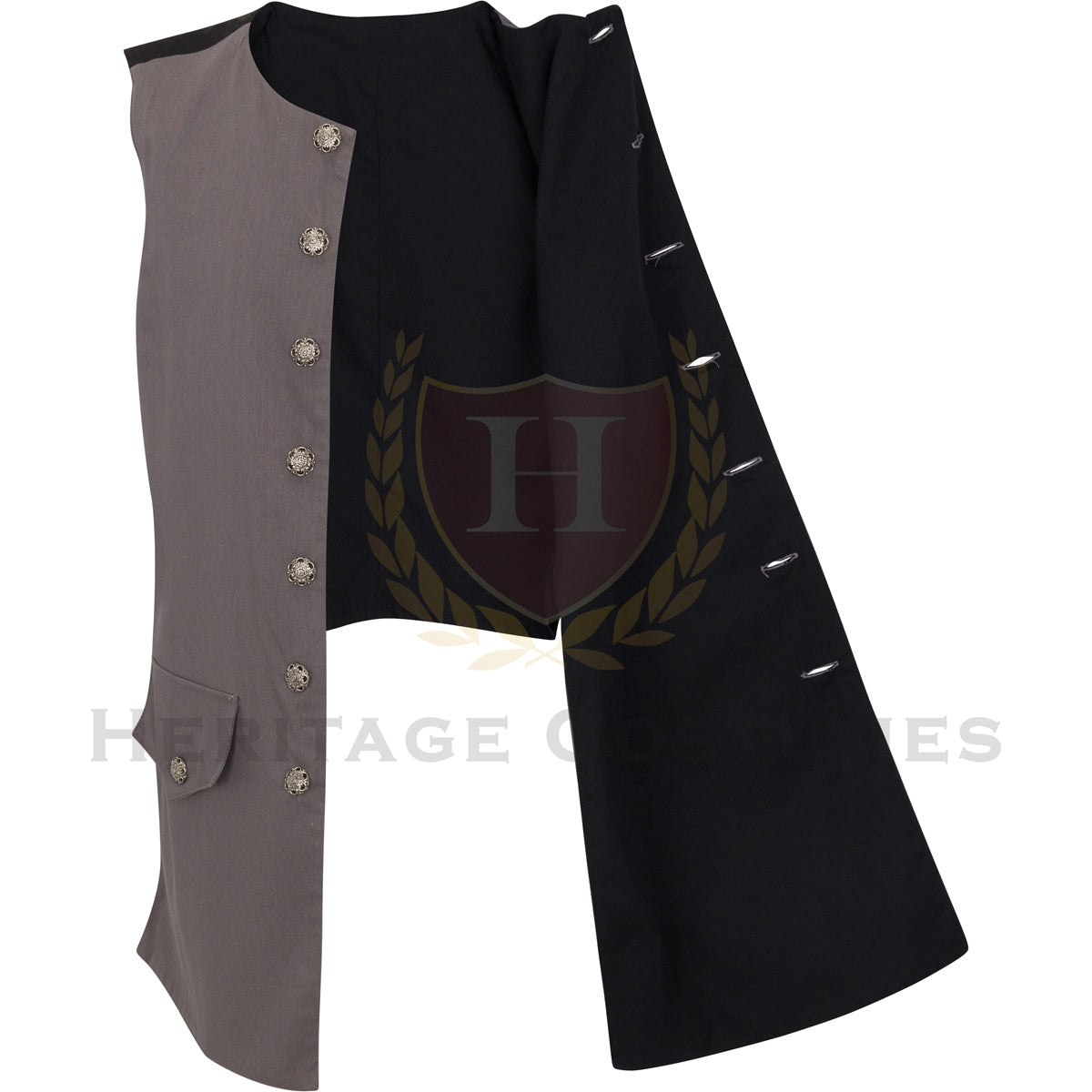 Inside view of the Grey High Seas Pirate Waistcoat, a historically inspired mariner's vest featuring a grey linen blend fabric, ornate detachable buttons, and a classic 17th- and 18th-century pirate design, perfect for reenactments, cosplay, and pirate festivals.