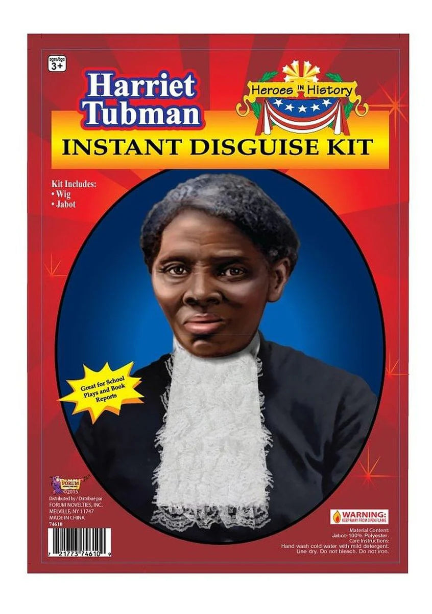 Harriet Tubman historical roleplay accessory kit featuring a white lace jabot and a wig styled to replicate her iconic look, ideal for educational events, historical reenactments, or themed celebrations.