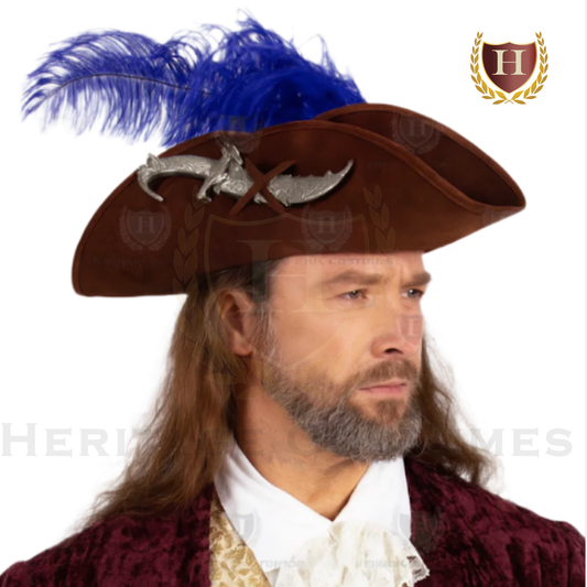 High Seas Buccaneer Tricorn Hat – Deluxe Pirate Hat with Feathers | Suede-Look Colonial Captain Hat