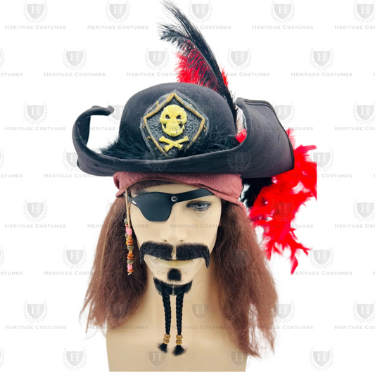 High Seas Rogue Tricorne features a molded suede-like finish, an adjustable hook-and-loop interior headband for a comfortable fit, a bold latex skull emblem, and feather accents for a classic pirate look.