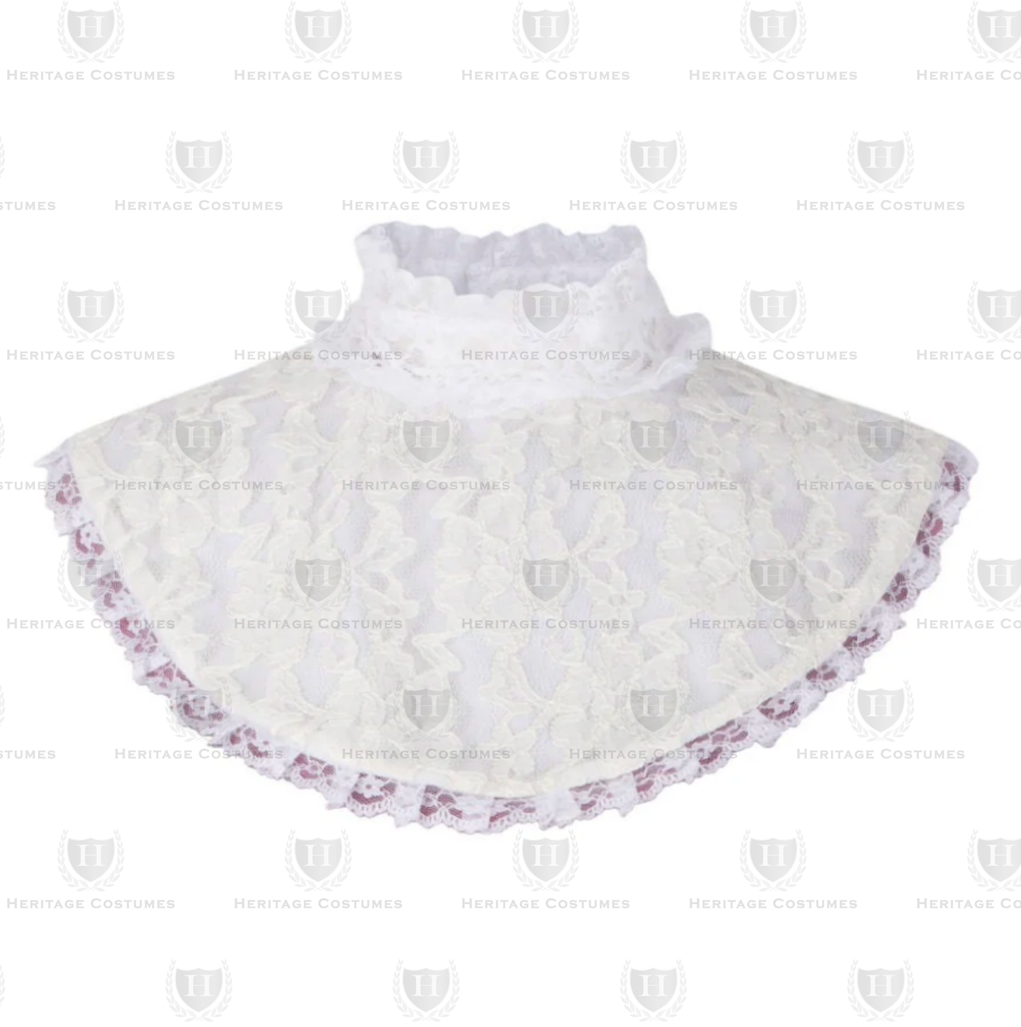 Front view of a inory lace Victorian collar featuring intricate floral patterns, scalloped edges, and a vintage-inspired design, ideal for historical costumes or elegant outfits.