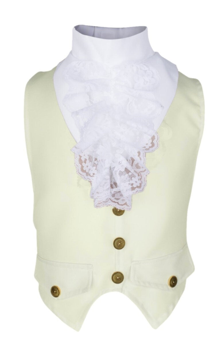 Ivory military waistcoat made from durable gabardine fabric, featuring an attached lace jabot and an adjustable open-back design with a ribbon tie for a customizable fit. Perfect for historical reenactments, War of 1812 portrayals, and 19th-century military uniforms.