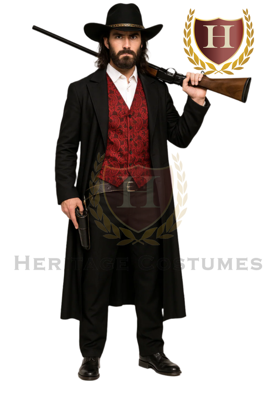 Jed "Rifle Jack" Rawlins Texas Regulator costume modeled in full view, featuring a black Victorian frock coat, red paisley waistcoat, white dress shirt, black felt hat, and replica rifle—styled to reflect a classic Old West lawman.