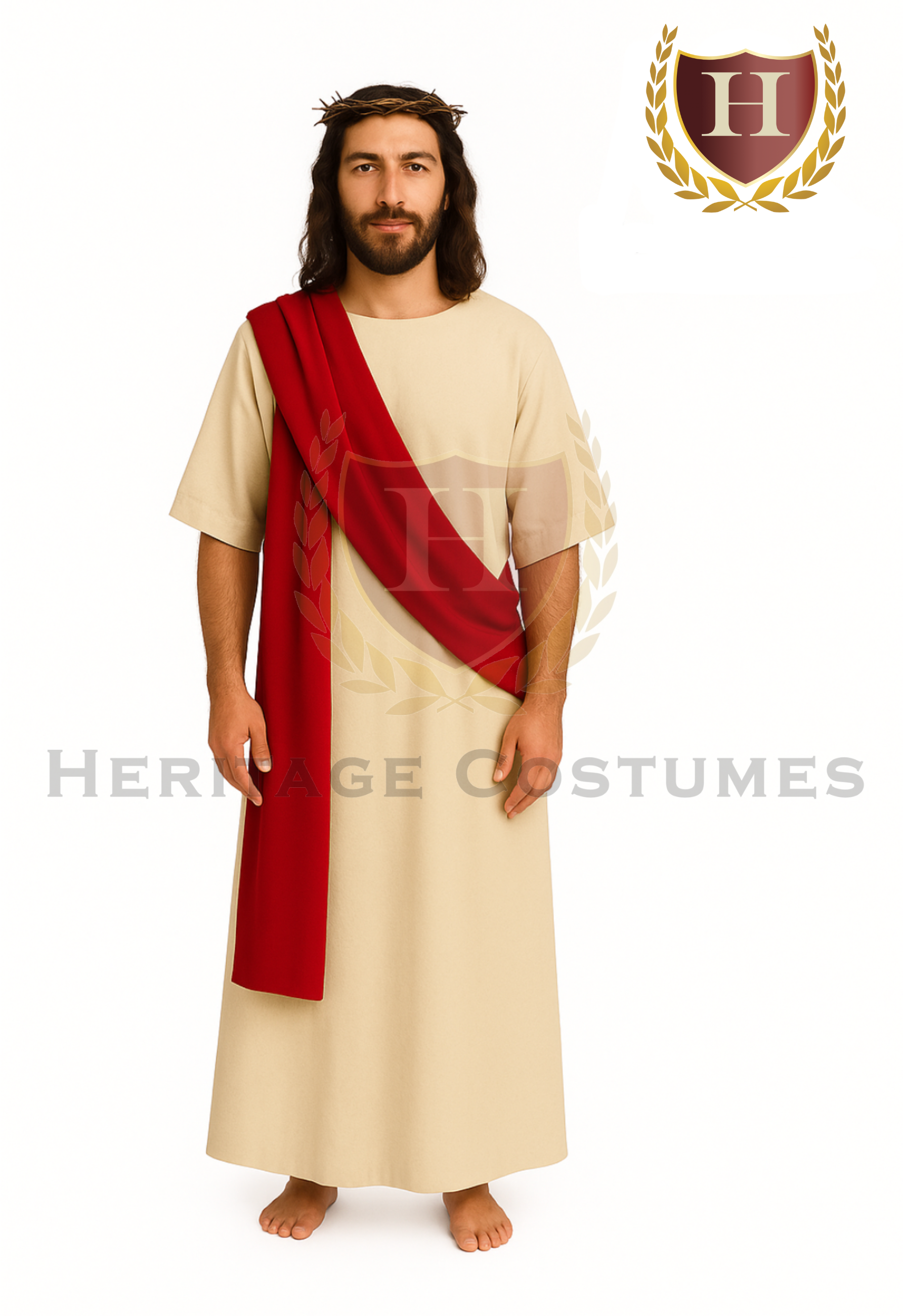 Jesus Christ biblical robe set featuring a cream tunic with a red sash and matching headpiece, ideal for church plays and religious reenactments.