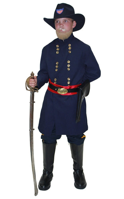 John Fremont Civil War uniform featuring a historically accurate Union officer’s navy blue coat with gold buttons, matching trousers, and period-correct details. Ideal for reenactments, historical displays, and collectors.