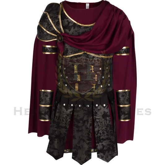 Julius Caesar Roman Commander Costume featuring a detailed chest plate, burgundy tunic, flowing cloak, and gold-accented armor, inspired by the legendary Roman leader, perfect for historical reenactments, cosplay, and theatrical performances.