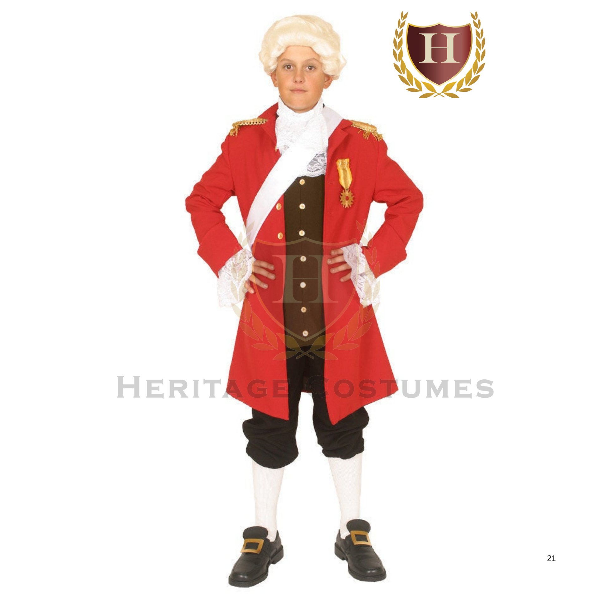 Child wearing a King George III colonial costume in brown, American Revolutionary War era attire.
