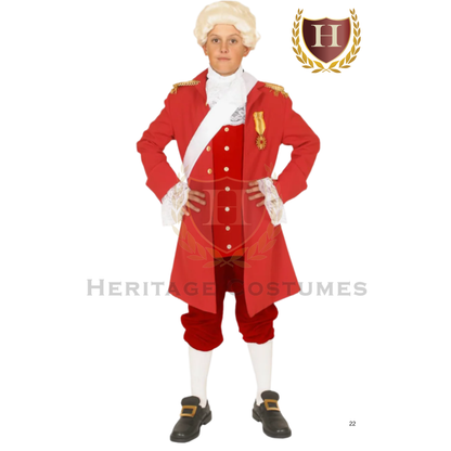 Child wearing a King George III colonial costume in red American Revolutionary War era attire.