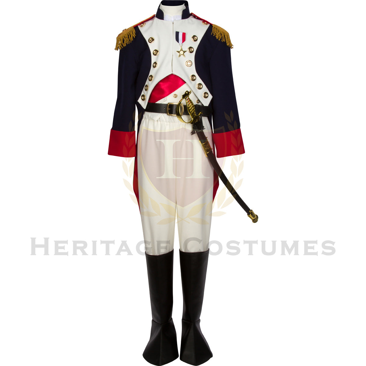 Kids' Napoleon Bonaparte Historical Costume featuring a royal blue officer's jacket with ivory lapels, a red tailcoat, and matching ivory vest and breeches, perfect for historical reenactments, school projects, or theater performances.