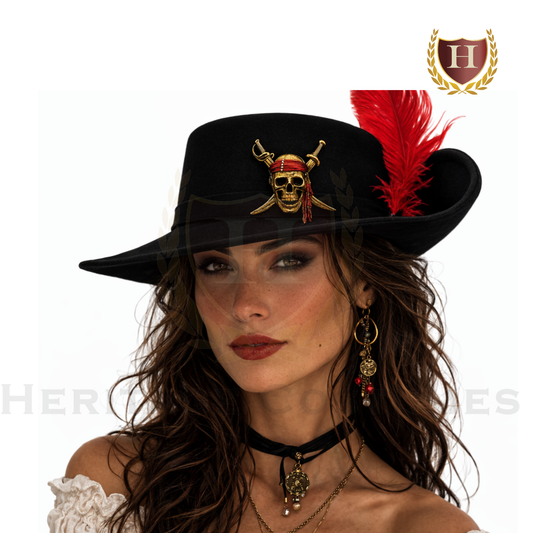 Ladies Flat Crown Pirate Hat – Swashbuckler Style with Feather Accessory