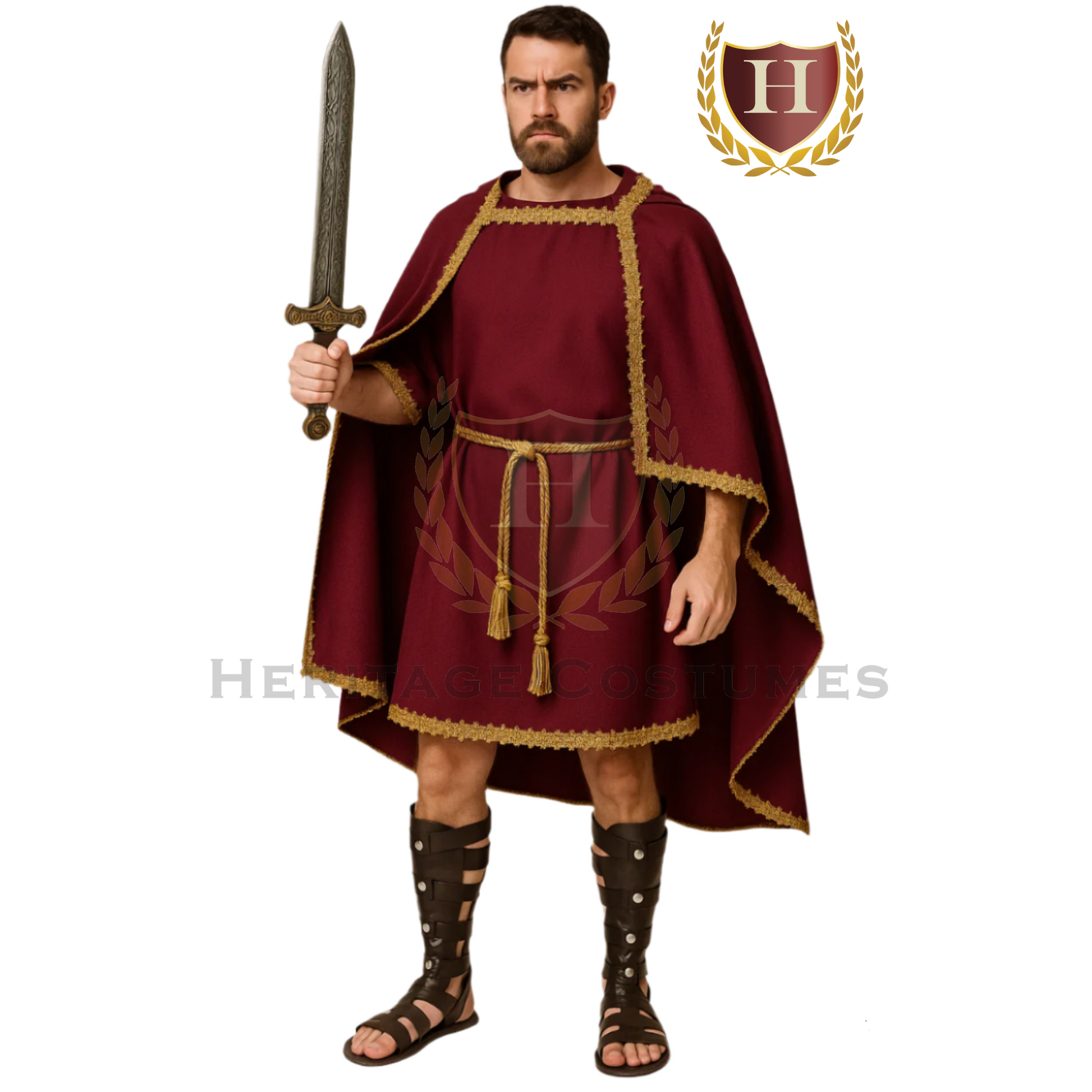 Model wearing a Legionary Commander tunic set inspired by ancient Roman military attire.