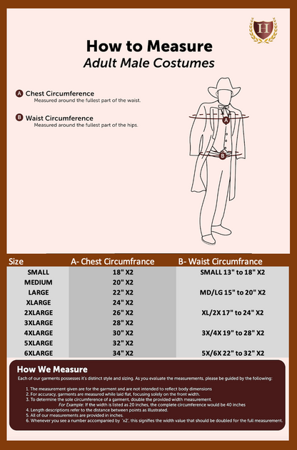 Male costume size chart displaying measurements for chest, waist, and length to ensure the perfect fit for historical, pirate, and reenactment costumes. Available in multiple sizes for an authentic and comfortable fit