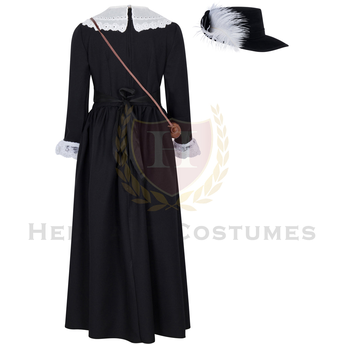 Back view of Marie-Madeleine Jarret de Verchères historical costume – Authentic New France colonial dress with shawl, waist belt, and lace cuffs for reenactments and historical events.