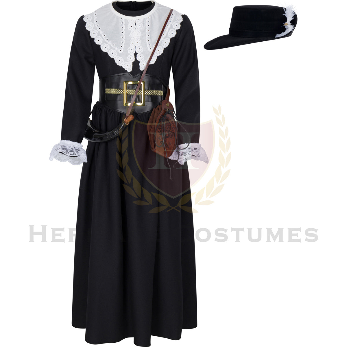 Front view of Marie-Madeleine Jarret de Verchères historical costume – Authentic New France colonial dress with shawl, waist belt, and lace cuffs for reenactments and historical events.